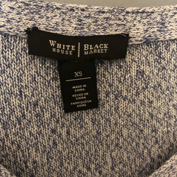 White House Black Market XS V Neck Sweater Silver Embellishments Blue White - Picture 2 of 8